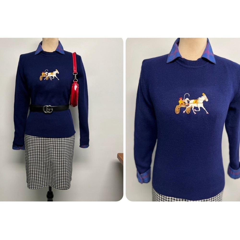 Vintage 60s Women's Equestrian Sweater Small Carriage Preppy Old Money Navy Blue